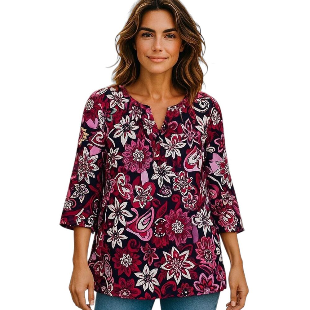 Crown & Ivy Medium Black Pink Floral 3/4 Length Sleeve Blouse